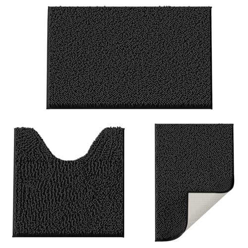 Black Bathroom Rugs Non-Slip Door Mat, Chenille Bathroom Mats, Bath Rugs Set 3 Pieces, Ultra Soft Rug Set, and Absorbent Bath Mat, Plush Carpet Bath M