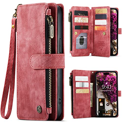 for iPhone 15 Pro Max Wallet Case with 10 Card Holder Slots Magnetic Zipper Pocket Pouch Flip KicStand Durable Premium Leather PU with Lanyard Strap W