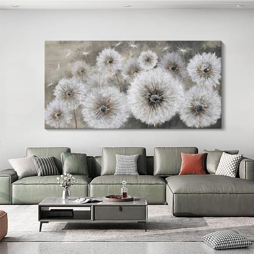 Pogusmavi Wall Art for Living Room & Bedroom - Large Canvas Wall Decor, 24x48, Gray Dandelion Artwork 48"L x 24"W White