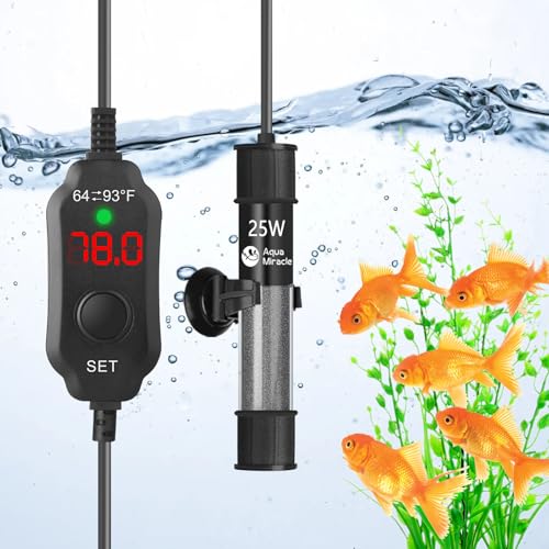 AquaMiralce 25W Aquarium Heater with Compact Size, Submersible Fish Tank Heater with LED Digital Display Thermostat, Adjustable Fish Heater Turtle Hea