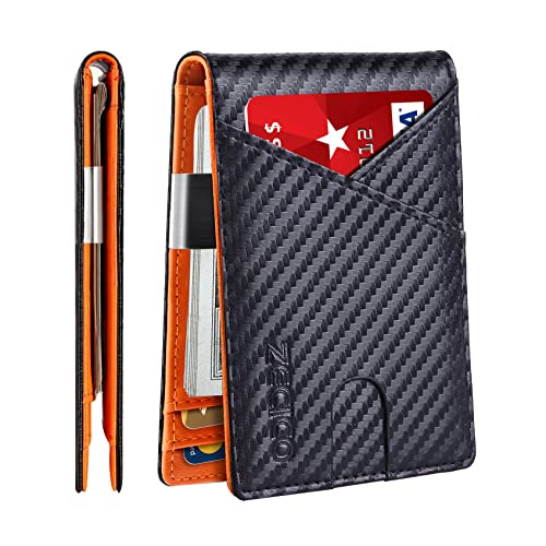 Mens Slim Wallet Money Clip: Bifold Leanther Wallets RFID Blocking Front Pocket Wallets Credit Card Holder with ID Window Gifts for Men Carbon Black&O