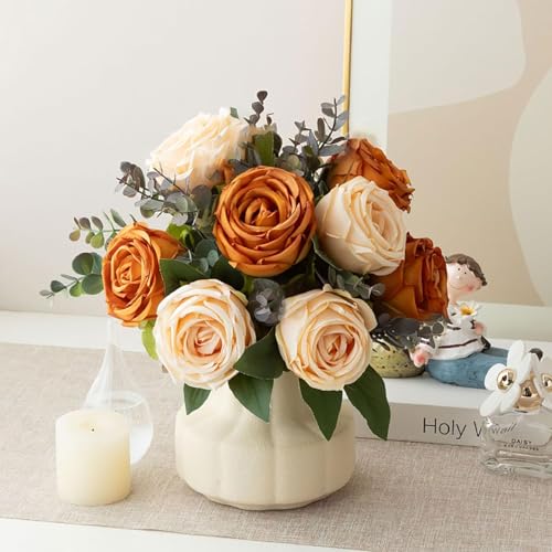 Silk Roses Artificial Flowers in Vase,Fake Flowers with Vase,Faux Flower Arrangement with Vase for Home Office Decoration, Dining Table Centerpiece Or