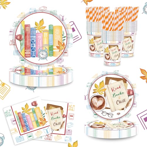 120PCS Book Themed Party Supplies, Book Club Birthday Dinner Plates 9" Dessert Plates 7" Cups Napkins Straws Decorations Set, Reading Theme Tableware