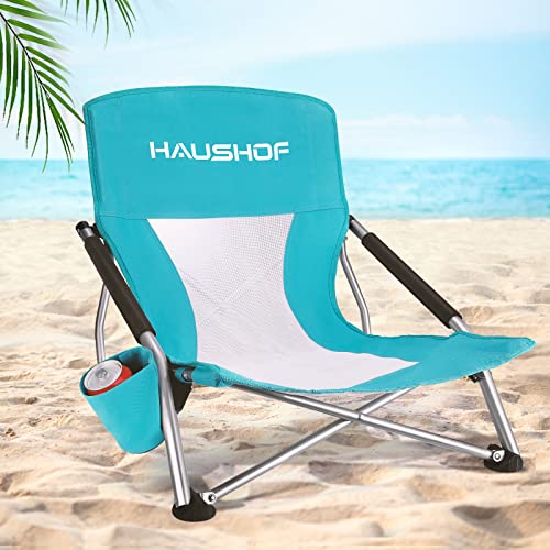 HAUSHOF Low Beach Chair, Mesh Back Folding Chair, Lightweight Low Seat Camping Chairs with Cup Holder, Carry Bag, Padded Armrest, for Outdoor Beach La