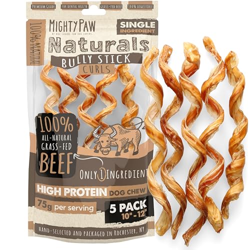 Mighty Paw Naturals Curly Bully Sticks for Dogs - Grass Fed Beef Dog Chews. Bully Sticks for Large Pets, Medium, Small Breeds. Lower Odor Treats for S