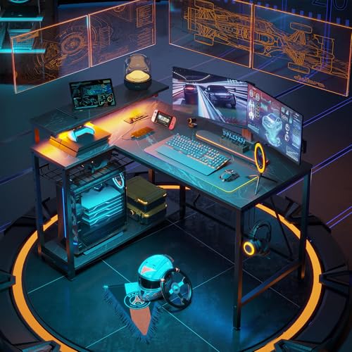 Bestier Gaming Desk with Power Outlets, 42" L-Shaped Gaming Desk with LED Lights, Desk with Reversible Storage Shelves & Hooks for Small Spaces, Bedro