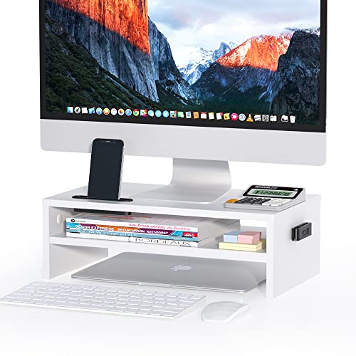 BONTEC Wooden Monitor Stand Riser, 2-Tier Desk Shelf with Storage Organizer, Ergonomic Computer Stand with Cable Management, Cellphone Holder, White,