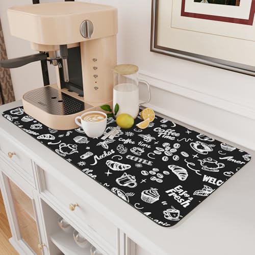 AMOAMI Coffee Mat Hide Stain Rubber Backed Absorbent Dish Drying Mat for Kitchen Counter - Fits Under Coffee Maker & Machine (17x31.5, Ink) BLACK INK