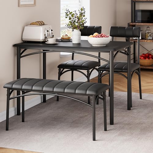 Garvee Dining Table Set for 4, Rectangular, Upholstered Bench & Chairs, MDF Board & Steel, Space-Saving, Easy to Assemble, Small Spaces