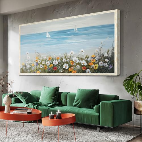 Ardemy Bathroom Wall Art Living Room，Daisy Flowers Canvas Wall Art Ocean Wall Picture Framed Painting Artwork for Home Office Kitchen Wall Decor 40"