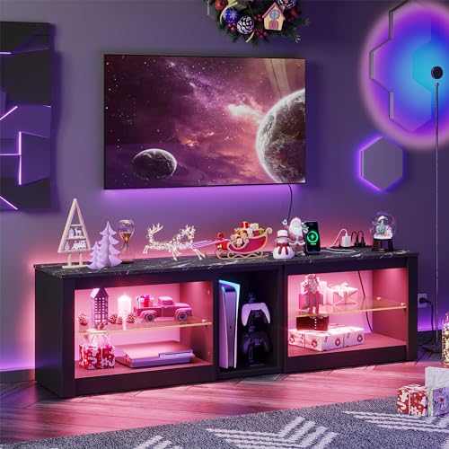 Bestier TV Stand for 70 inch TV with Power Outlets, LED Entertainment Center for PS5, Gaming TV Consoles with Glass Shelves for Living Room, 63'' Inch