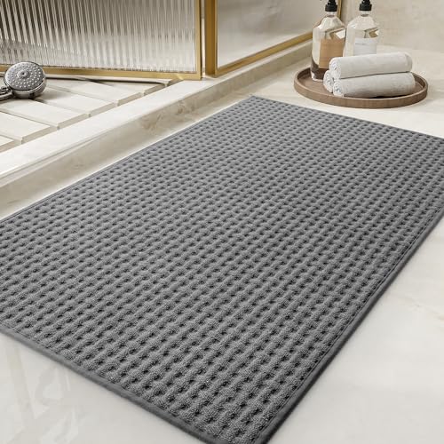 tchdio Checkered Bath Mat, Super Absorbent Non Slip Bath Mats, 17" x 24", Grey Dark Grey 1'5" x 2' (Rectangular)