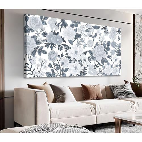 NINEASO Flowers Canvas Wall Art - Roses Pictures Minimalist Grey Blue Floral Wall Decor Botanical Blossom Painting Nature Canvas Print Artwork for Liv