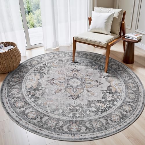 5 ft Round Rugs for Living Room Bedroom Rug Circle Area Rug for Dining Room Table Throw Neutral Vintage Circular Rugs Washable Soft Comfortable Grey C