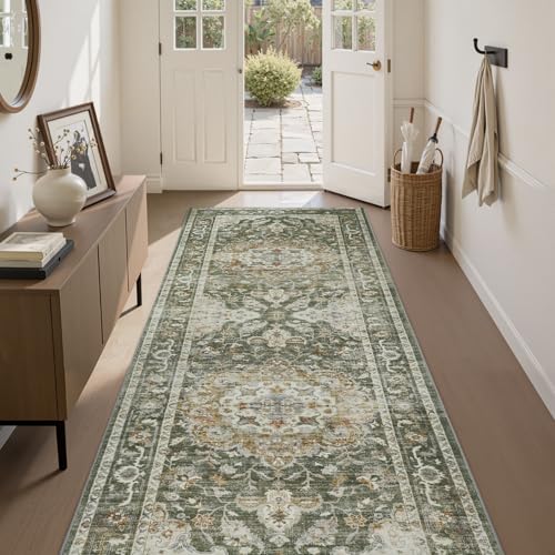 PADOOR-Vintage Runner Rug 2X10 Runners for Hallways-Soft Olive Green Washable Bedside Rugs for Bedroom-Non Slip Long Rug for Hallways Entryway Laundry