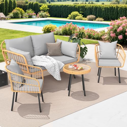 YITAHOME 4 Pieces Patio Furniture Set, Outdoor Wicker Bistro Set, All-Weather Rattan Patio Conversation Set with Loveseat Chairs Table Soft Cushions f