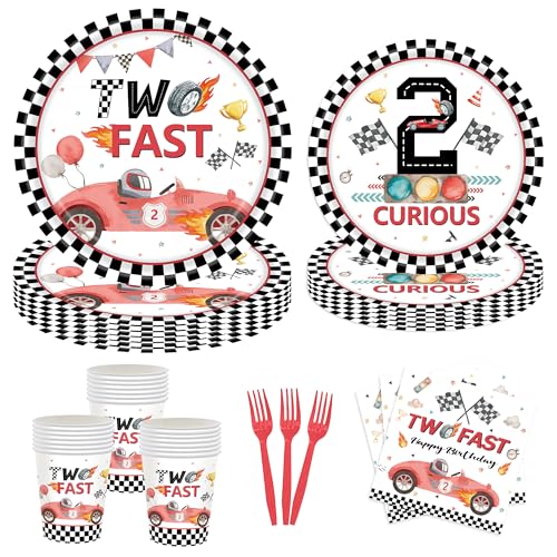Race Car 2nd Birthday Party Decorations Tableware - Red Two Fast Birthday Party Supplies, Paper Plates, Cups, Napkins, Forks, Straws for 2 Year Old Bo
