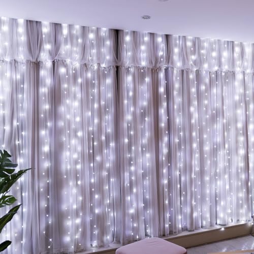 HXWEIYE 300LED Fairy Curtain Lights, 9.8x9.8Ft USB Plug-in 8 Modes Christmas String Hanging Lights with Remote for Bedroom Backdrop Wedding Party Indo