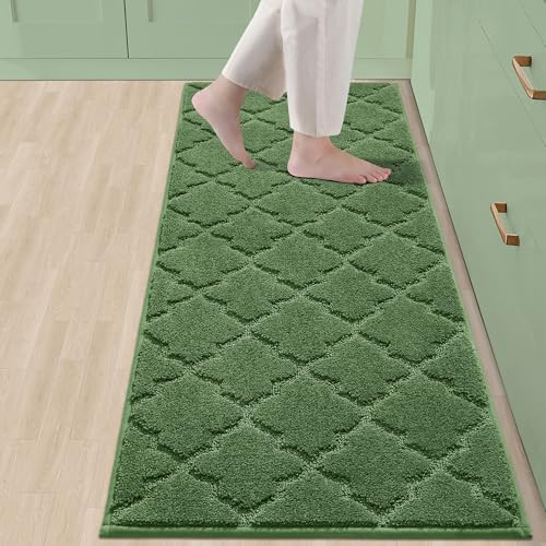 COSY HOMEER Soft Kitchen Floor Mats for in Front of Sink Super Absorbent Rugs 20"x59" Non-Skid Kitchen Standing Mat Washable,Polyester,Green Green 20"