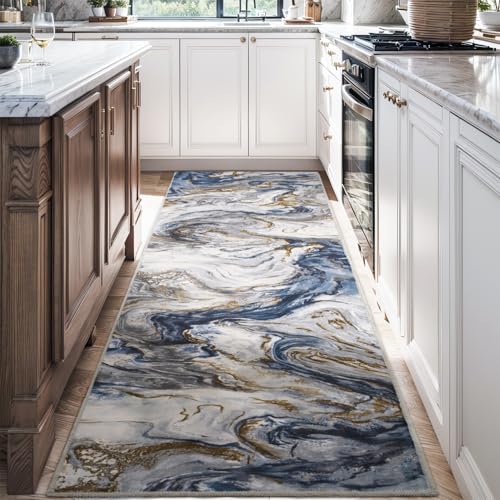 2x10 Runner Rug for Hallways Kitchen Modern Abstract Washable Rug Soft Non Slip Carpet for Laundry Entryway Bedroom Bathroom 2' x 10' (Runner) Blue