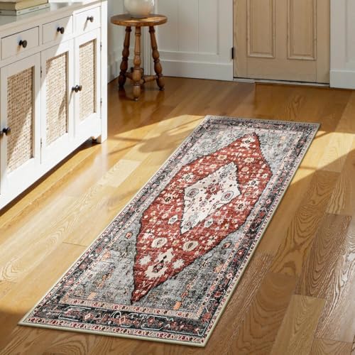 Lahome Boho Tribal Runner Rug - 2x4.3 Red Washable Kitchen Rug Soft Bedroom Mat, Non Slip Kid Pet Friendly Long Bathroom Carpet Runner for Front Door
