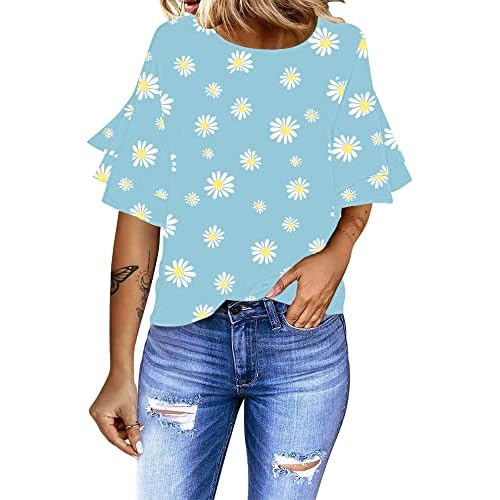 luvamia Women's Casual 3-4 Tiered Bell Sleeve Crewneck Loose Tops Blouses Shirt Medium A2 Daisy Floral Blue