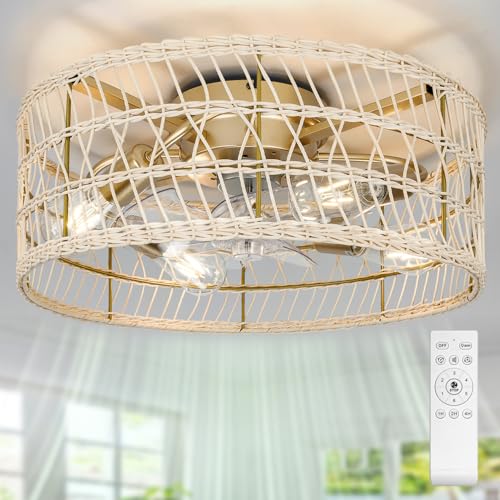 20" Boho Rattan Fandelier, Flush Mount Caged Ceiling Fan with Lights & Remote, Farmhouse Chandelier Fan DC Motor-Bladeless-Low Profile-6-speed-3 CCT-T