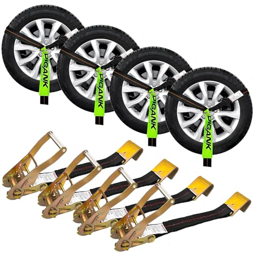 Wheel Tie Down Straps (4PK) – 2'' X 96'' Webbing with Flat Hooks for Easy Tire Hauling on Trailers, Cars, SUVs, and Sports Vehicles Black