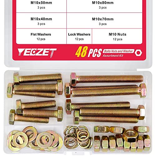 YEEZET 48Pcs Grade 8.8 M10 Hex Head Screws Bolts and Nuts Flat & Lock Washers Assortment Kit 40mm 50mm 70mm 80mm M10--12Sets Bolts and Nuts Kit