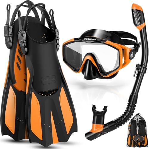 Odoland Snorkel Set, Adults Snorkeling Packages with Dry Top Diving Mask, Adjustable Swim Fins, Mesh Bag, Anti-Fog Anti-Leak Snorkeling Gear for Men W