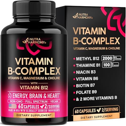Vitamin B Complex for Men & Women - Riboflavin B2, B12, B1, B3, B5, B6, B7, B8, B9 | Vitamin C, Choline, Inositol - B-Complex Supplement - Energy, Bra