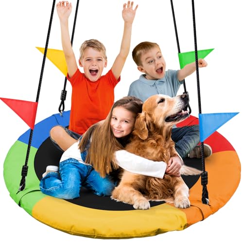 Odoland Kid Tree Swing - 40in Saucer Swings for Outdoor - Chidren Round 900D Waterproof Oxford Platform Swing - 660Lb Weight Capacity for Yard Color R