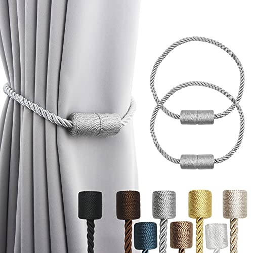2 Pack Grey Strong Magnetic Curtain Tiebacks Outdoor Elegant Decorative Tie Backs Modern Rope Tiebacks for Drapes Window Curtain Holdbacks for Draperi
