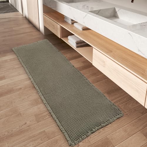 AMOAMI Upgraded Waffle Runner Rug, Super Absorbent Non Slip Bath Mats for Bathroom Floor, Machine Washable Bathroom Runner Rug with Tassels, Ideal for