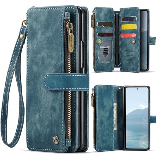 for Samsung Galaxy Z Fold 6 Wallet Case with 5 Card Holder Slots Magnetic Zipper Pocket Pouch Flip KicStand Durable Premium Leather PU with Lanyard St