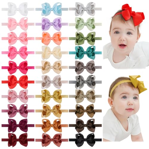 jollybows 30pcs Baby Girls Grosgrain Ribbon Hair Bows Headbands 4" Elastic Hair Band Hair Accessories for Infants Newborn- Natural Color Set 3- 30pcs