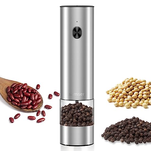 Electric Pepper Grinder & Salt Mill - Battery Operated Stainless Steel Body with Transparent Container LED Light One-Hand Operation Push-Button Switch