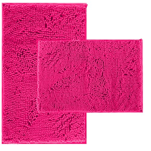Hot Pink Chenille Striped Bath Rug Set - 20" x 32"-16" x 24" Non Slip Thick Soft Bath Mats for Bathroom, Kitchen-Living Room Rose Red 32"L x 20"W + 24