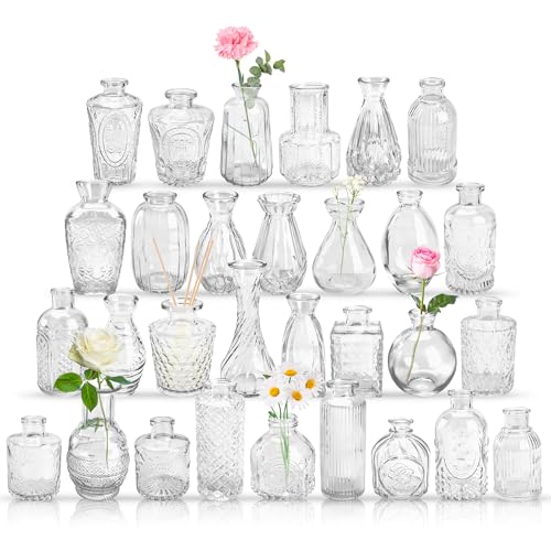 Der Rose Bud Vases in Bulk Glass Vase for Centerpieces Set of 30 Small Flower Vases Mini Vintage Vases for Rustic Wedding, Home Table Decorations (Cle