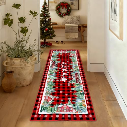 Christmas Runner Rug 2x6, Red Plaid Truck Kitchen Mat - Non Slip Xmas Washable Low Pile Christmas Area Rugs for Floor Hallway Laundry Bedroom Holiday