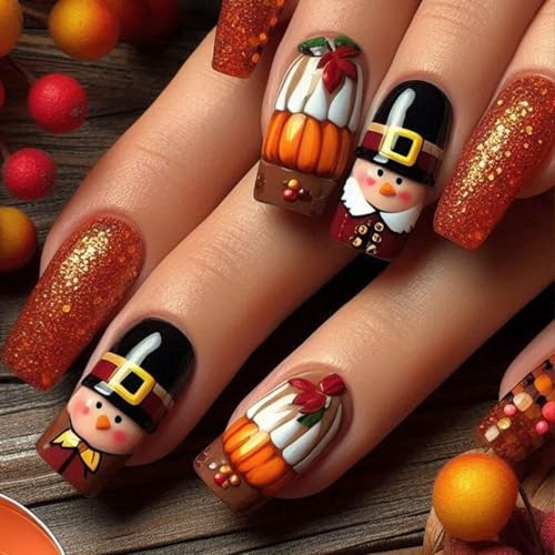 French Tip Press on Nail Thanksgiving Day Fake Nail Medium Coffin False Nails Glitter Orange Acrylic Nails with Nutcracker Design Glue on Nails Autumn