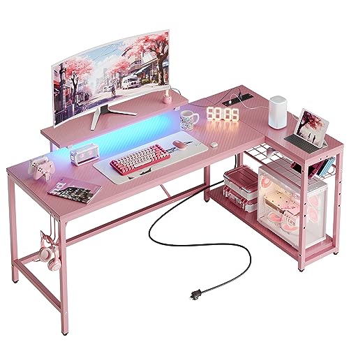 Bestier L Shaped Gaming Desk with Power Outlets,58 LED Small Corner Desk with Reversible Storage Shelves,Pink Computer Desk with Headset Hooks Desk fo