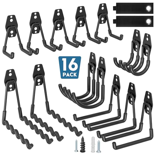 BONTEC 16 Pack Heavy Duty Garage Hooks, Steel Wall Mount for Garage Organization, Ladder & Bike Hooks, Garden Hose Holder, Tool Hangers, for Home, Wor