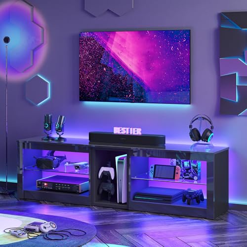 Bestier High Gloss TV Stand for 70 inch TV, Gaming Entertainment Center for PS5, LED TV Cabinet with Glass Shelves for Living Room, 63'' Inch, Glossy