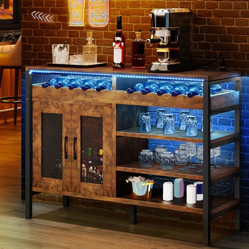 YITAHOME 47" Industrial Coffee Bar Cabinet with Led Lights and Power Outlets, Liquor Cabinet w-Doors Wine Rack Storage Metal Wood Sideboard Buffet Cab