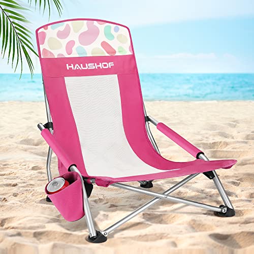 HAUSHOF High Back Beach Chair, Mesh Back Folding Chair, Lightweight Low Seat Camping Chairs with Cup Holder, Carry Bag, Padded Armrest for Outdoor Bea