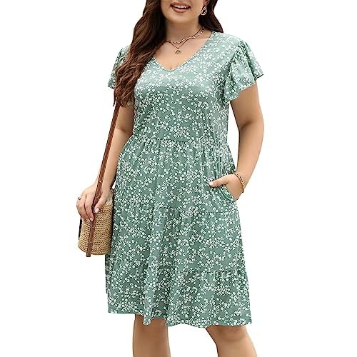 Celkuser Womens Plus Size Casual Summer Dresses Ruffle Sleeve Tiered Swing Midi Dress with Pockets 14 Plus Green White Floral