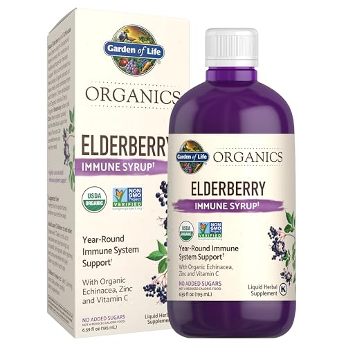 Garden of Life Organics Plant Based Elderberry Immune Syrup 6.59 floz (195 mL) for Kids & Adults - Sambucus, Echinacea, Zinc & Vitamin C, 0g Sugar, Or