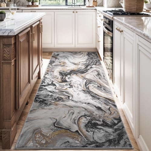 2x6 Runner Rug for Hallways Kitchen Modern Abstract Washable Runner Rug Blue Soft Non Slip Marble Carpet Runner for Laundry Entryway Bedroom Bathroom