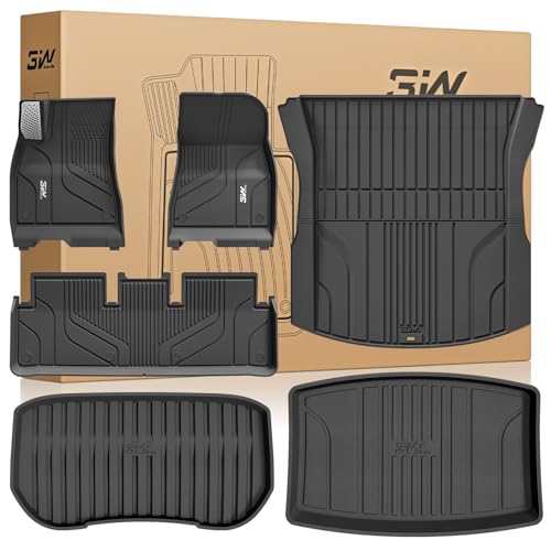 3W Model 3 Floor Mats 2025 2024 with Mental Pedal, Full Set with Cargo Liner, Highland All Weather Custom Fit Rear Trunk Mat Accessories Black 3) Mode